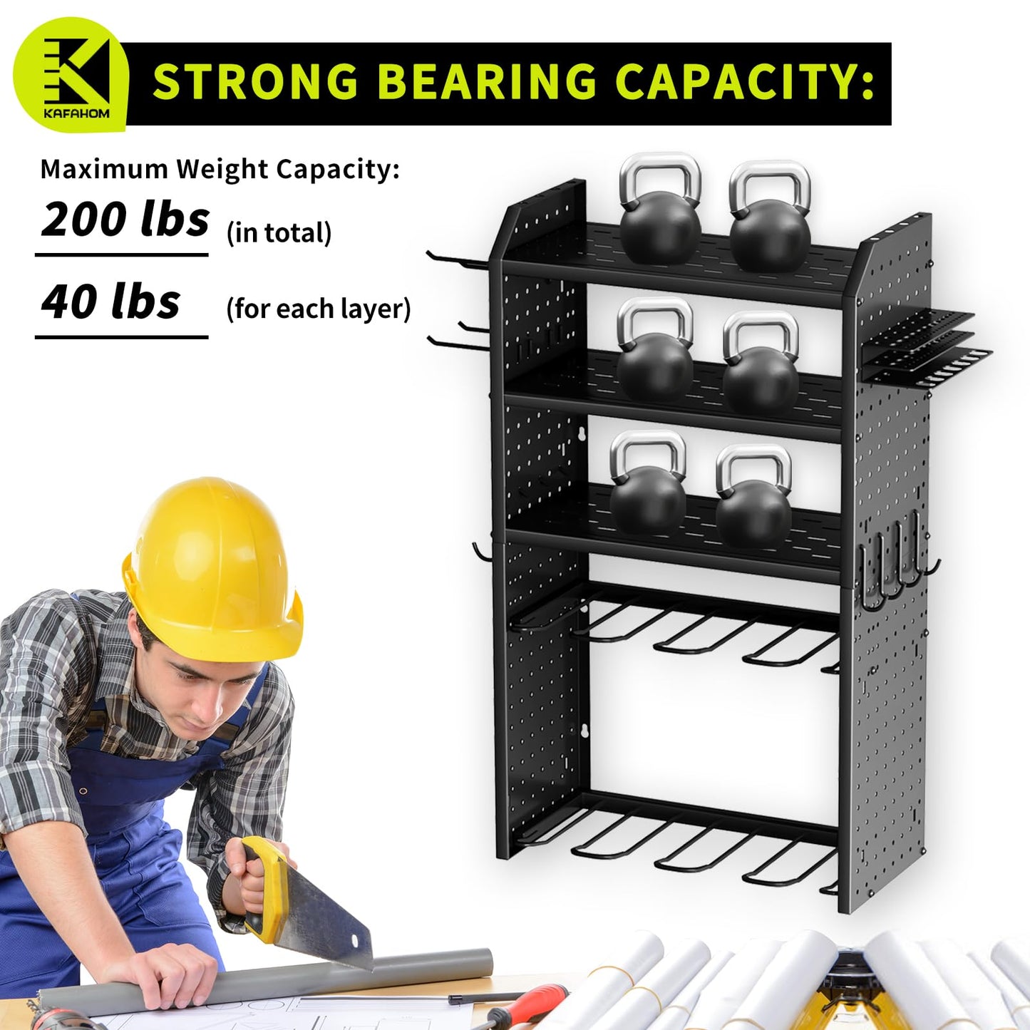KAFAHOM Power Tool Organizer with Charging Station.Garage 8 Drill Holder Built in 8 Outlets Power Strip,Tool Storage Shelf Wall Mount,Tool Battery Organizer with Screwdriver/Hammer/Air Tool Rack