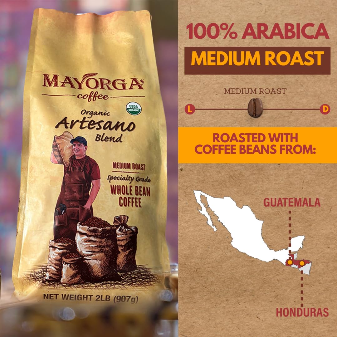 Mayorga Organic Coffee 2lb Mayan Blend - Medium Roast Whole Bean Coffee Specialty Grade, 100% Arabica, Slow Roasted, Chocolate and Floral Flavor with Low Acidity - USDA Organic, Non-GMO, Kosher