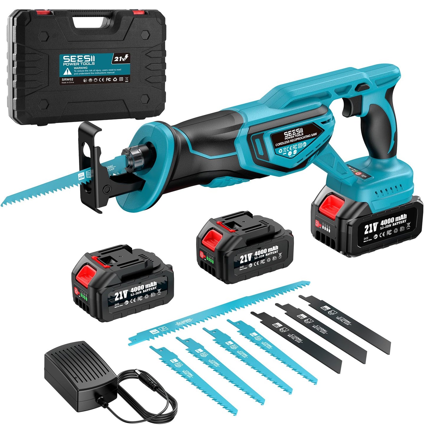 Seesii Reciprocating Saw Cordless, Variable Speed 3500 RPM Brushless Motor with 8 Saw Blades, 2 x 4.0Ah Batteries, LED Light, Tool‑Free Blade Change, Portable for Wood PVC Cutting