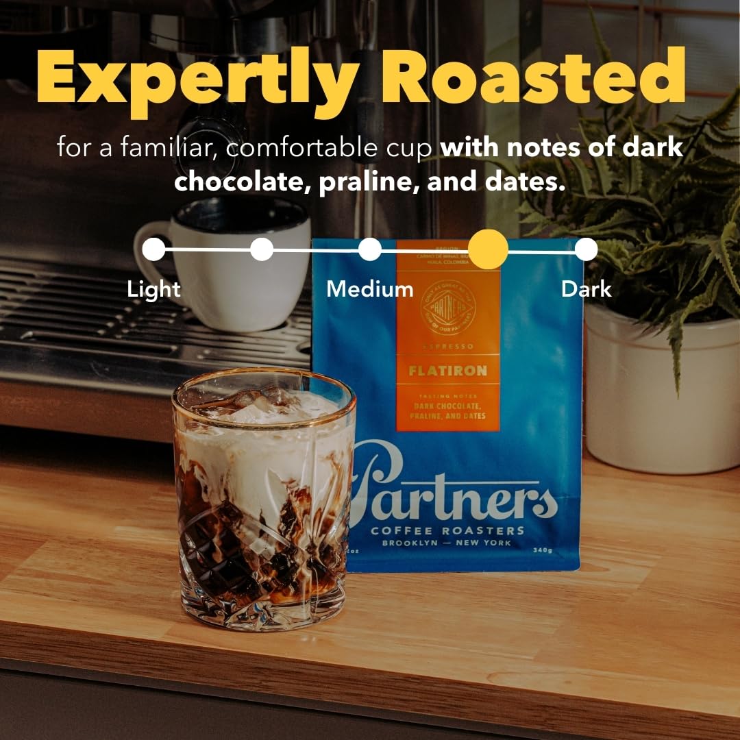 PARTNERS COFFEE ROASTERS - Whole Bean Coffee (Flatiron - Espresso, Medium-Dark Roast) 12oz - Classic Blend, Tastes Like Home - Dark Chocolate, Praline, Dates - Coffee Beans - Roasted in New York City