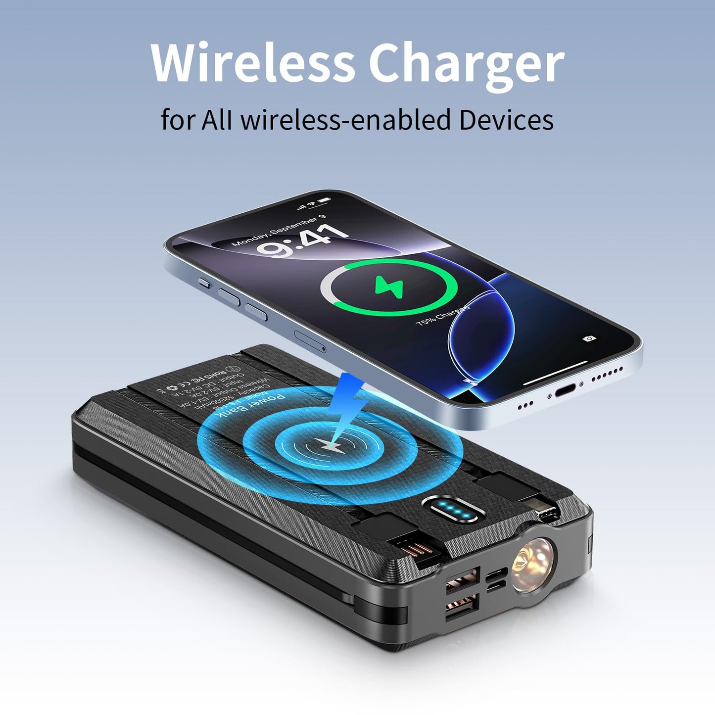 Portable Charger Solar Power Bank 52800mAh 5V/3A Fast Charging Battery Pack with Built in 4 Cables 2 Outputs & LED Flashlight for Cell Phone Camping and Hiking