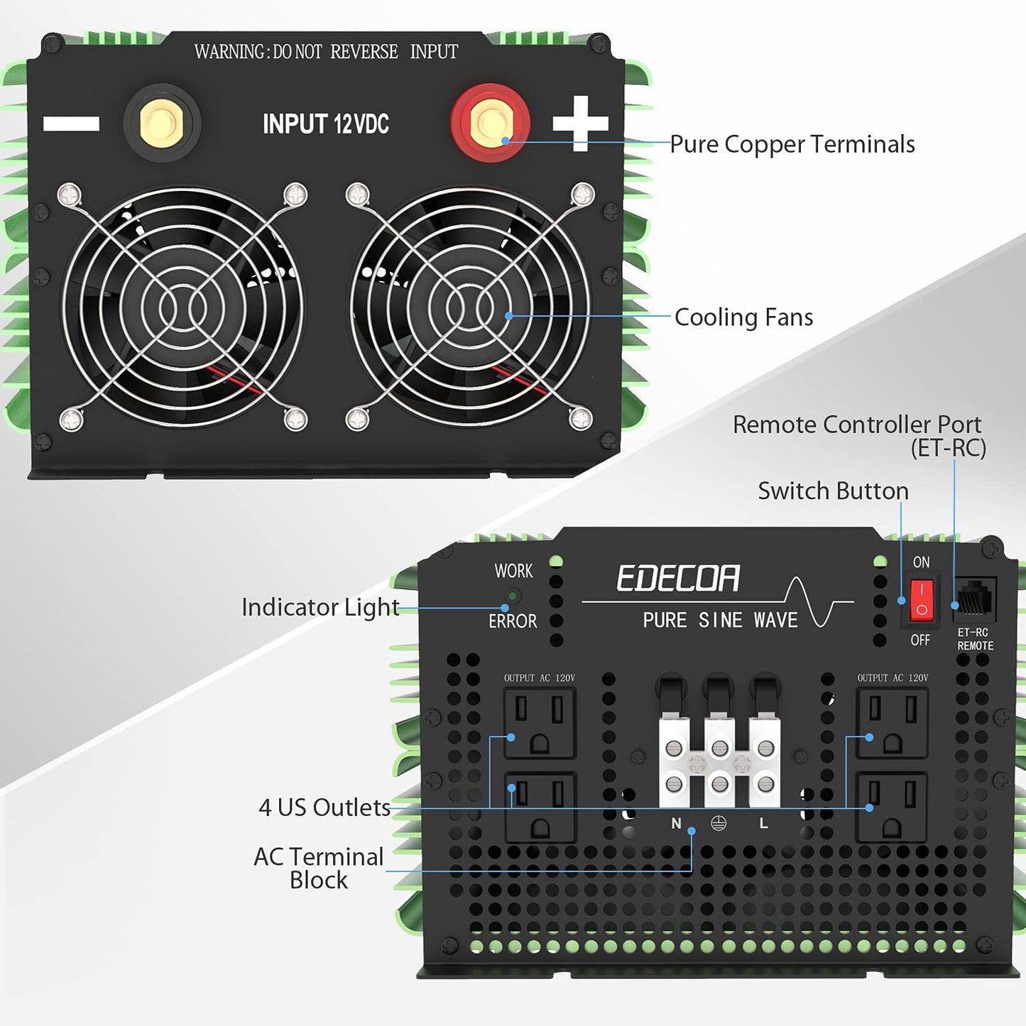 EDECOA Pure Sine Wave Power Inverter 3500W DC 12V to AC 120V with LCD Display and Remote Controller 4 AC Outlets and 1 Terminal Block