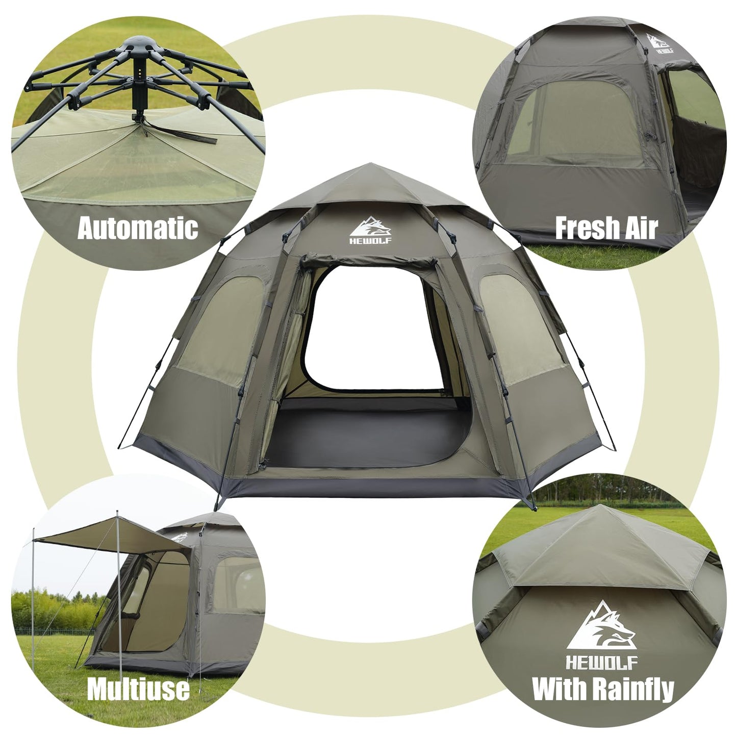 Hewolf 2/3/4 Person Camping Tent - Instant Pop Up Waterproof 2 Doors Tent with Easy Setup | 3-Season Hexagonal Dome Design for Family, Hiking & Traveling