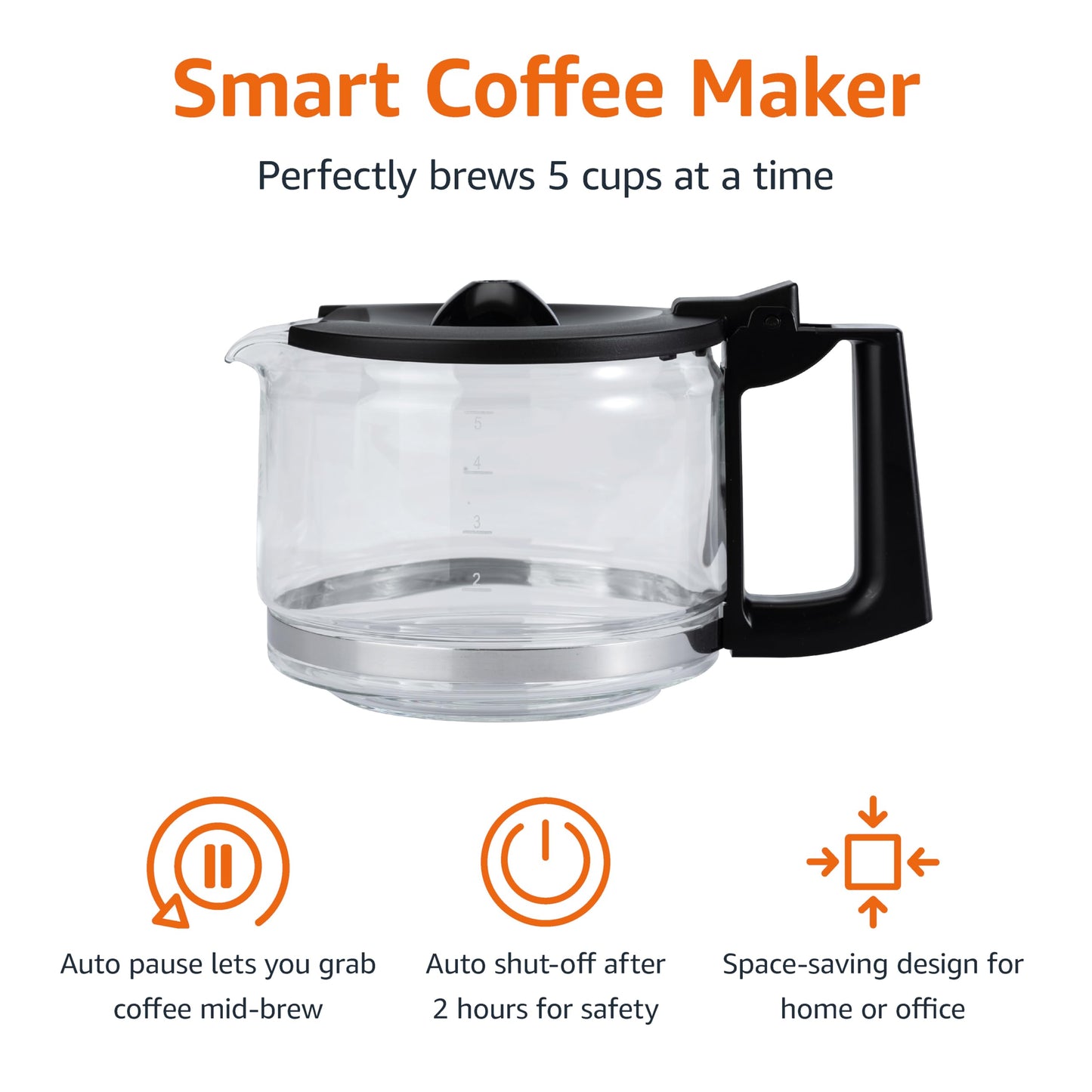 Amazon Basics Coffee Makers, 5-Cup Coffee Machines with Reusable Filter, Coffee Pots, Black & Stainless Steel