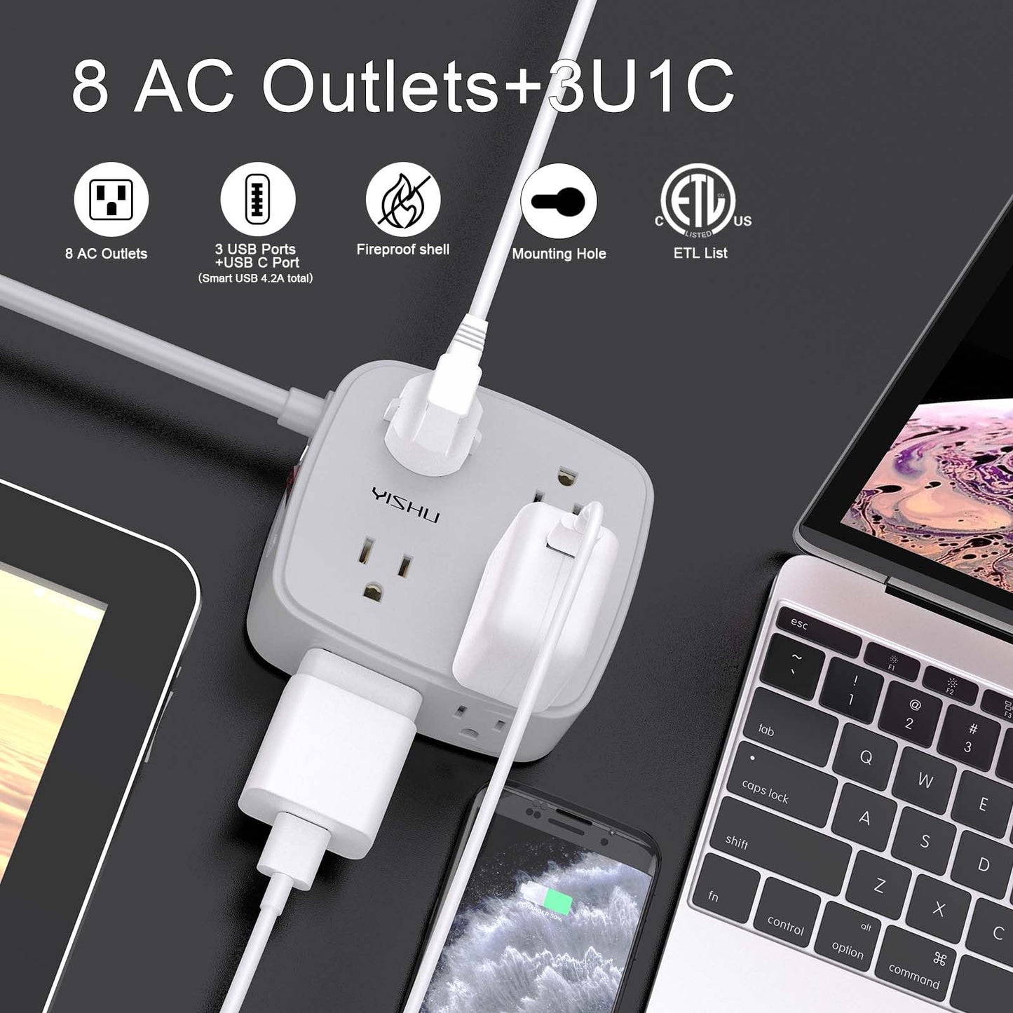 6 Ft Surge Protector Power Strip - 8 Widely Outlets with 4 USB Ports, 3 Side Outlet Extender with 6 Feet Extension Cord, Flat Plug, Wall Mount, Desk USB Charging Station, ETL,White