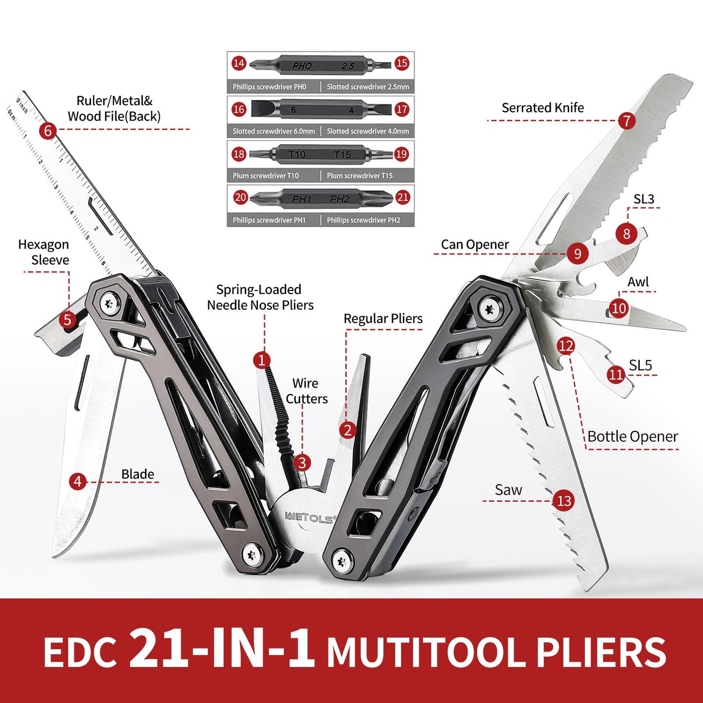 WETOLS Multitool with Pocket Knife, Birthday Gifts for Men Women Mom Dad, 21-in-1 Stainless Steel Pliers with Screwdrivers, Self-locking multitools with EDC Sheath, Ideal for Home, Camping, Survival
