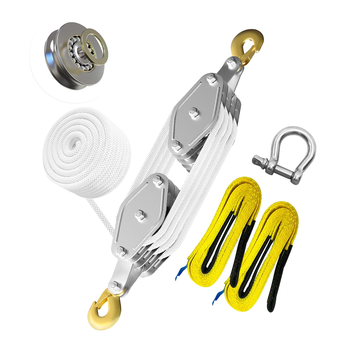 Rope Hoist Pulley System, 4400LB Pulley Block and Tackle, 8:1 Ratio Lifting Power 65ft, Heavy Duty Pulley Block for Lifting Pulling (with 2PCs Straps)