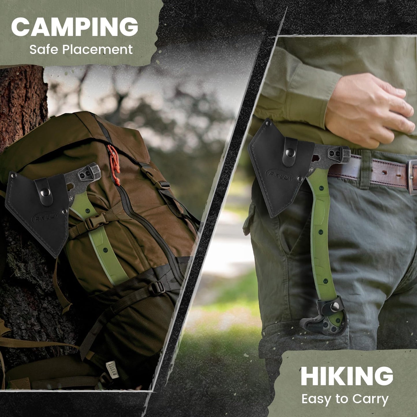 Tactical Axe with G10 Handle Camping Survival Hatchet, Multifunctional Hiking Outdoor Heavy Duty Full Tang Tomahawk Tools with Hammer, Unique Design Crowbar, Leather Sheath (Green)