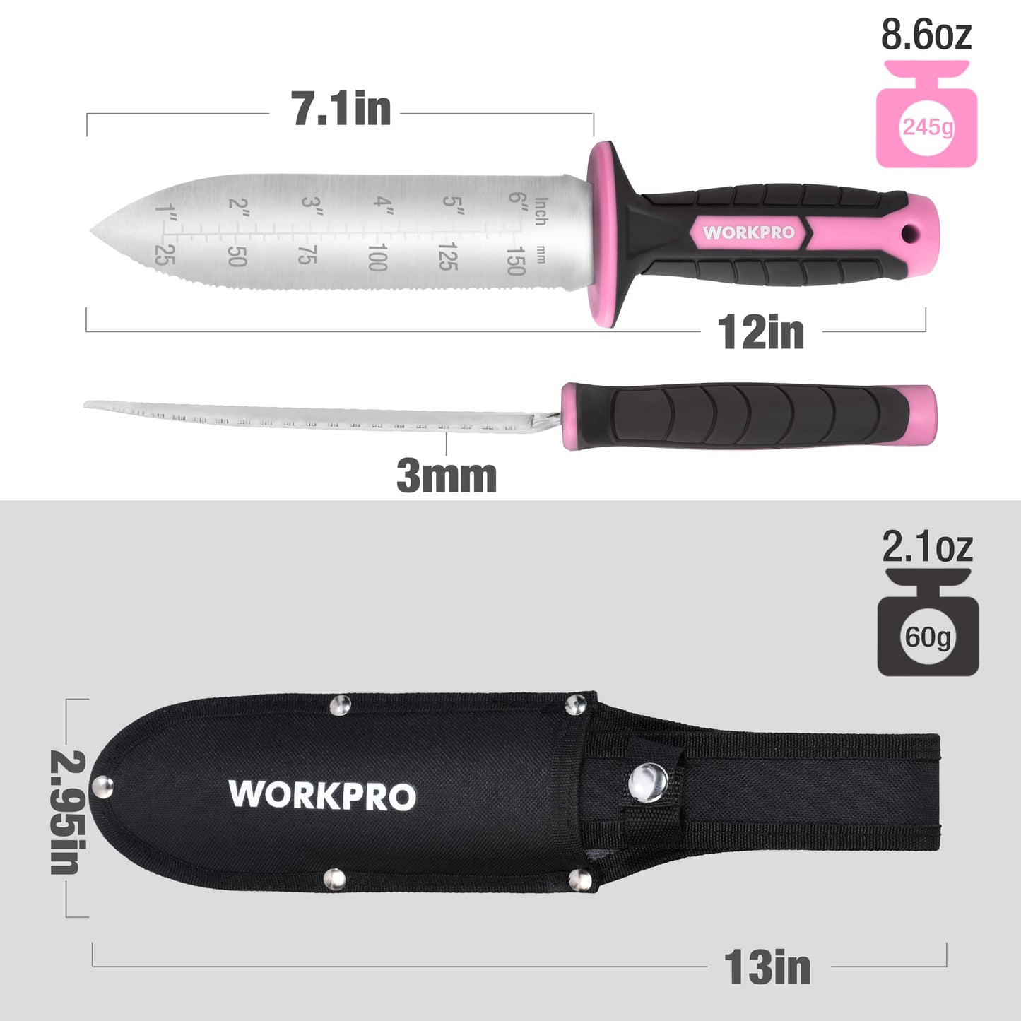 WORKPRO Hori Hori Garden Knife, 7" Stainless Steel Blade with Cutting Edge, Garden Tools with Oxford Sheath, Ergonomic TRP Handle with Hanging Hole for Weeding, Planting, Digging, Green
