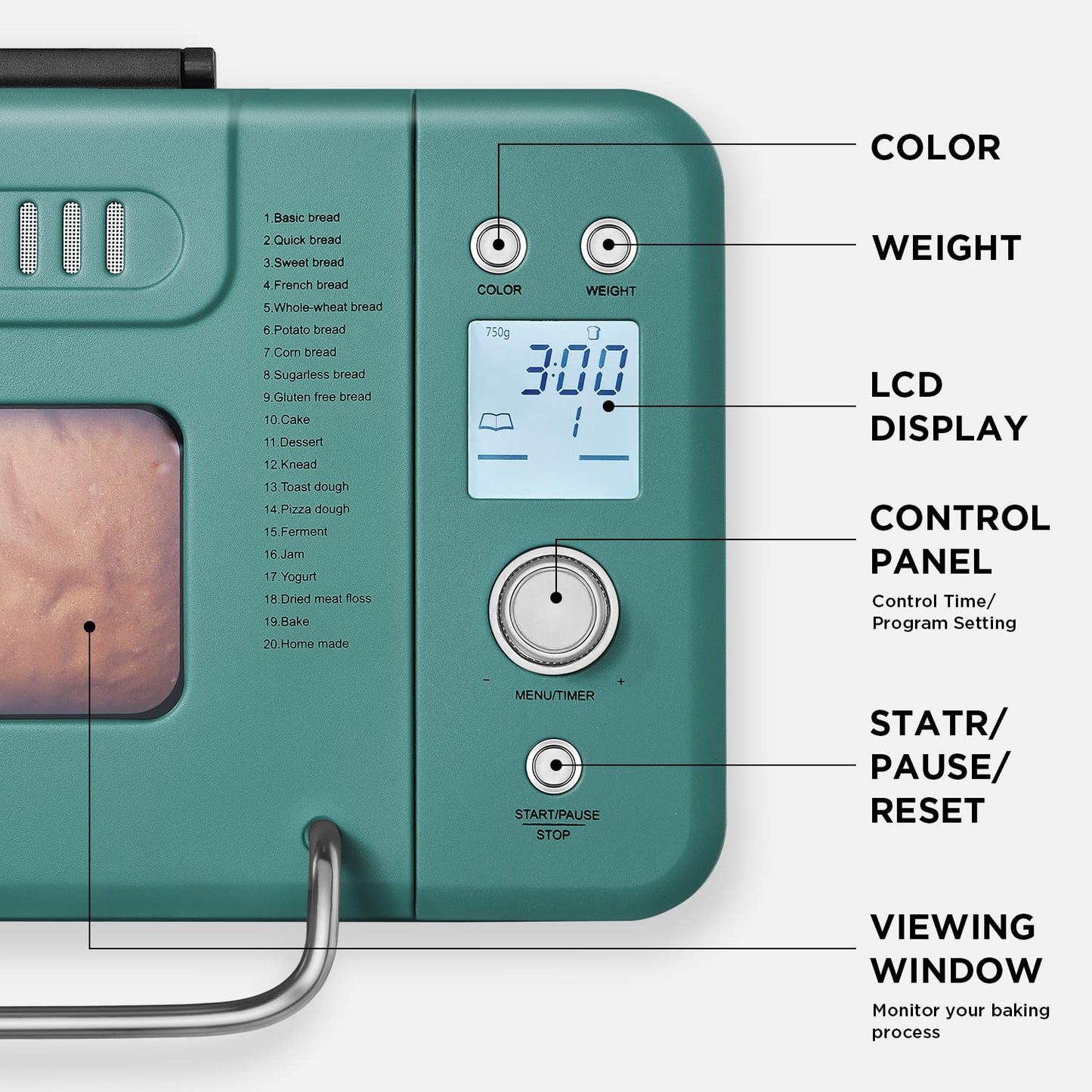 Neretva 20-IN-1 Bread Maker, Dual Heater 2LB Bread Machine Stainless Steel Bread Maker Machine Nonstick Ceramic Pan Compact for Gluten Free/Sourdough/Whole Wheat Bread/Yogurt, Breadmaker Recipe-Green