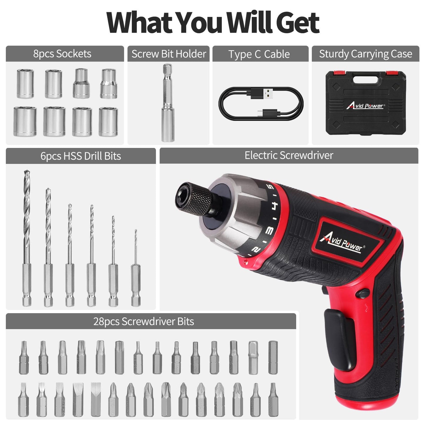 AVID POWER Electric Screwdriver Set Rechargeable 4V Cordless Screwdriver Kit with 44pcs Accessories, 5.65Nm Screw Gun, 5+1 Torque Setting, 2 Position Handle with LED Light