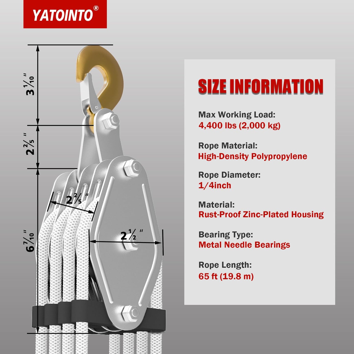 Rope Hoist Pulley System, 4400LB Pulley Block and Tackle, 8:1 Ratio Lifting Power 65ft, Heavy Duty Pulley Block for Lifting Pulling (with 2PCs Straps)