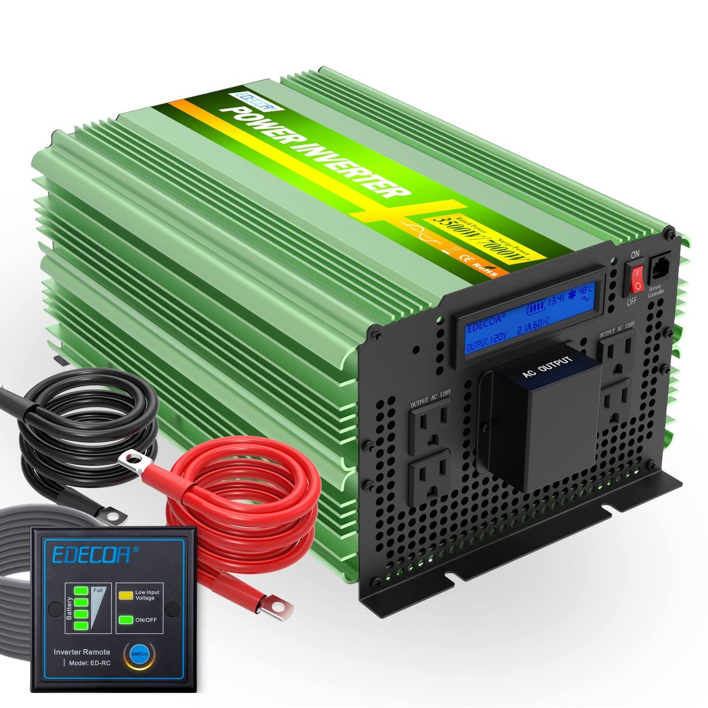 EDECOA Pure Sine Wave Power Inverter 3500W DC 12V to AC 120V with LCD Display and Remote Controller 4 AC Outlets and 1 Terminal Block