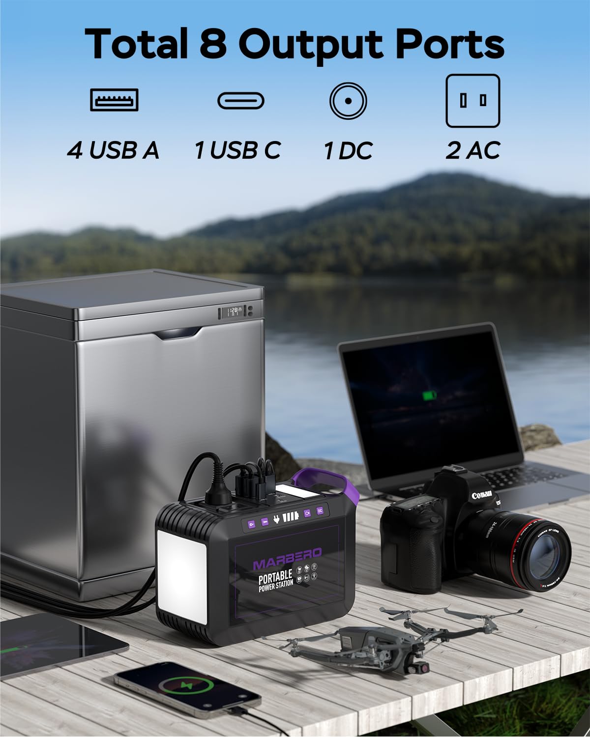 Portable Power Station 300W MARBERO 237Wh Camping Solar Generator Backup Lithium Battery with Pure Sine Wave 110V AC Outlet, USB C, USB A, DC for Outdoors Camping CPAP Home Blackout Emergency