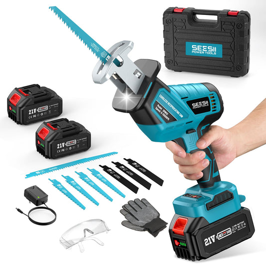Seesii Reciprocating Saw Cordless, Variable Speed 3500 RPM Brushless Motor with 8 Saw Blades, 2 x 4.0Ah Batteries, LED Light, Tool‑Free Blade Change, Portable for Wood PVC Cutting