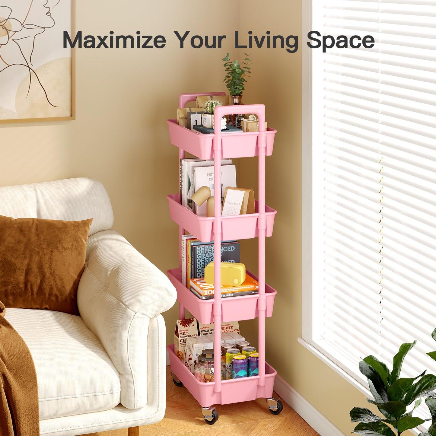 Pipishell 3 Tier Rolling Cart Organizer, Plastic Rolling Cart with Lockable Wheels & Reinforced Handle, Lightweight Utility Cart Storage Cart for Nursery, Kitchen, Bathroom, Craft Room, White, PIUC14W