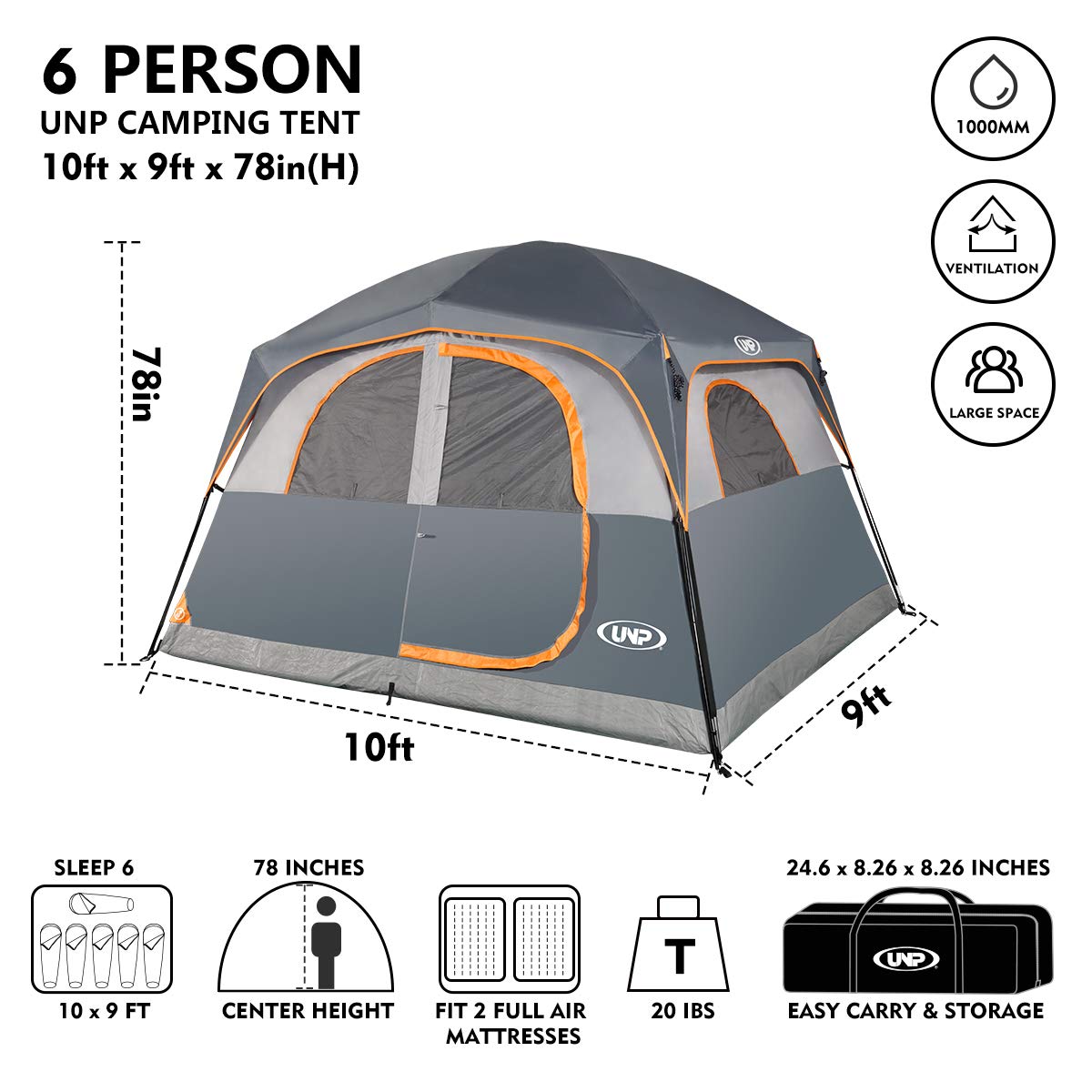 UNP Tents 6 Person Waterproof Windproof Easy Setup,Double Layer Family Camping Tent with 1 Mesh Door & 5 Large Mesh Windows -10'X9'X78in(H)