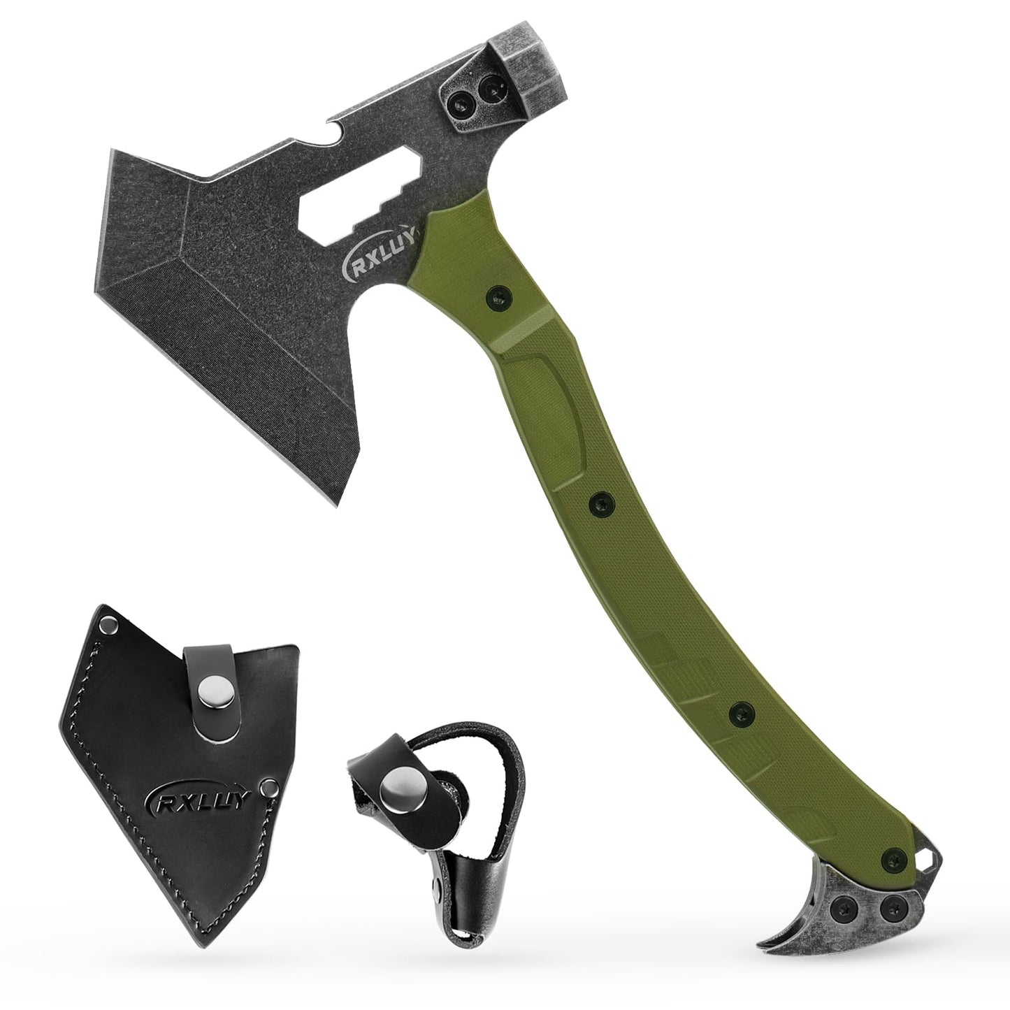 Tactical Axe with G10 Handle Camping Survival Hatchet, Multifunctional Hiking Outdoor Heavy Duty Full Tang Tomahawk Tools with Hammer, Unique Design Crowbar, Leather Sheath (Green)