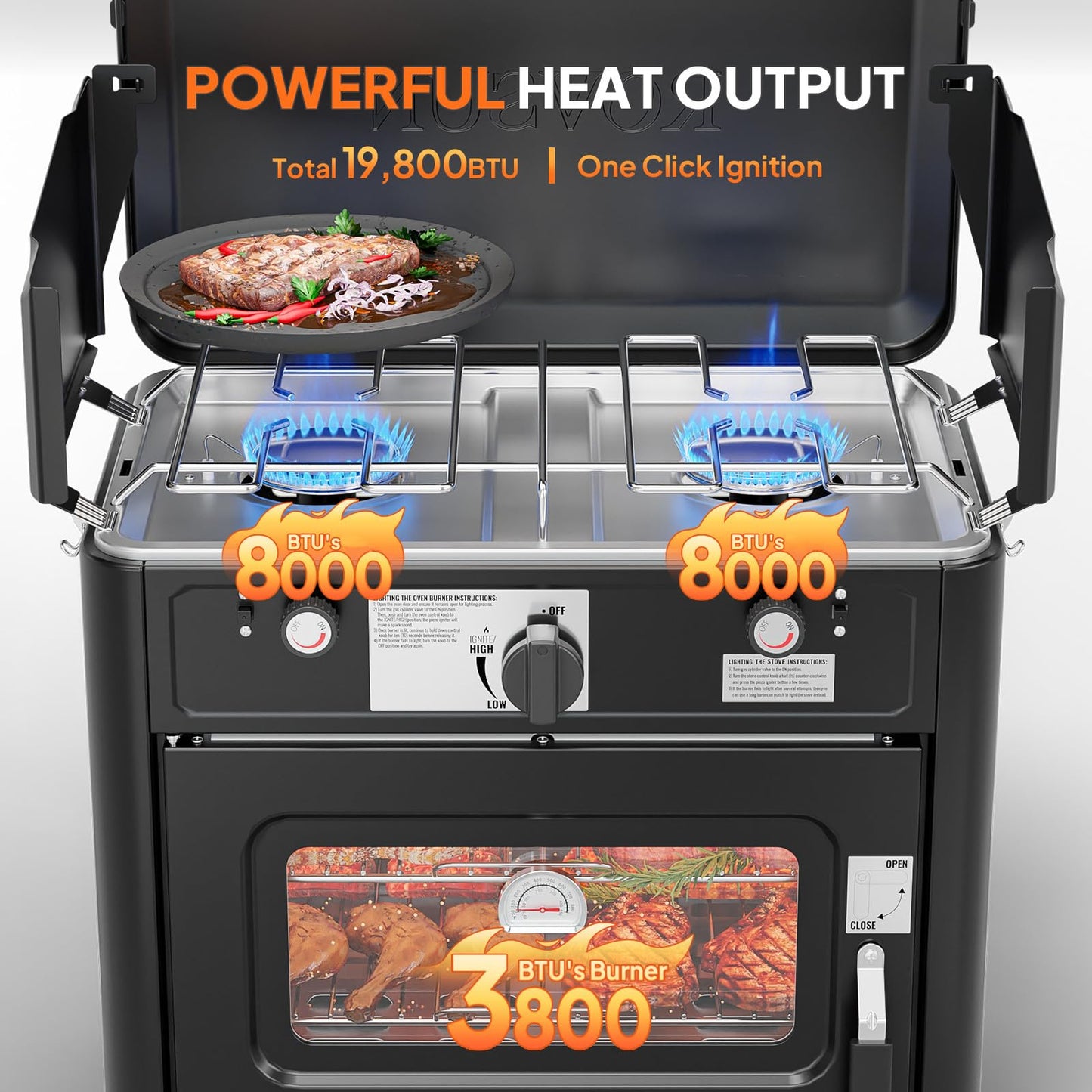 ROVSUN 2-in-1 Portable Camping Stove & Propane Oven with Piezo Igniter, 2 Burner Stove & Outdoor Oven with Adjustable Fire, Thermometer, Wind Panel & Regulator for Traveling, Tailgating (Black)