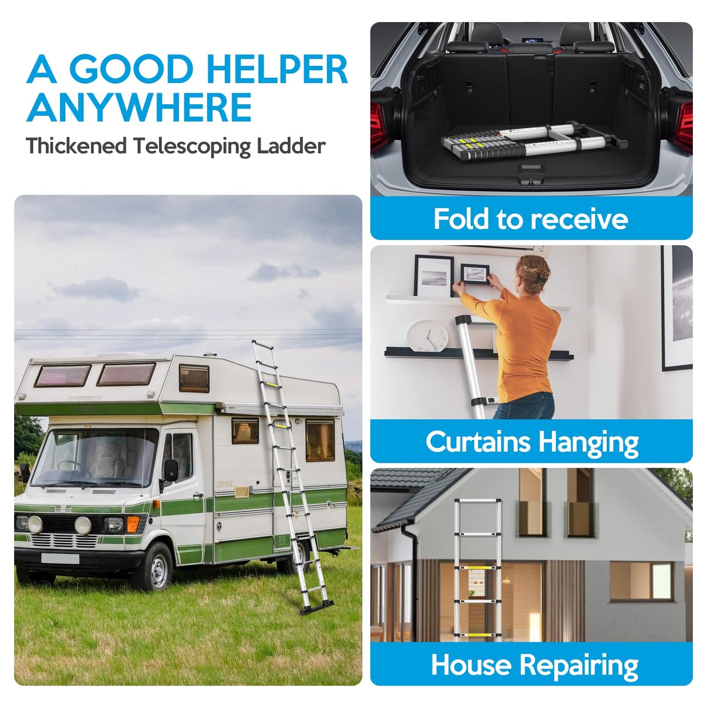 Telescoping Ladder,12.5 FT Extension Ladder, Heavy Duty 330lbs Max Capacity, Multi-Purpose Collapsible Ladder for RV or Outdoor Work