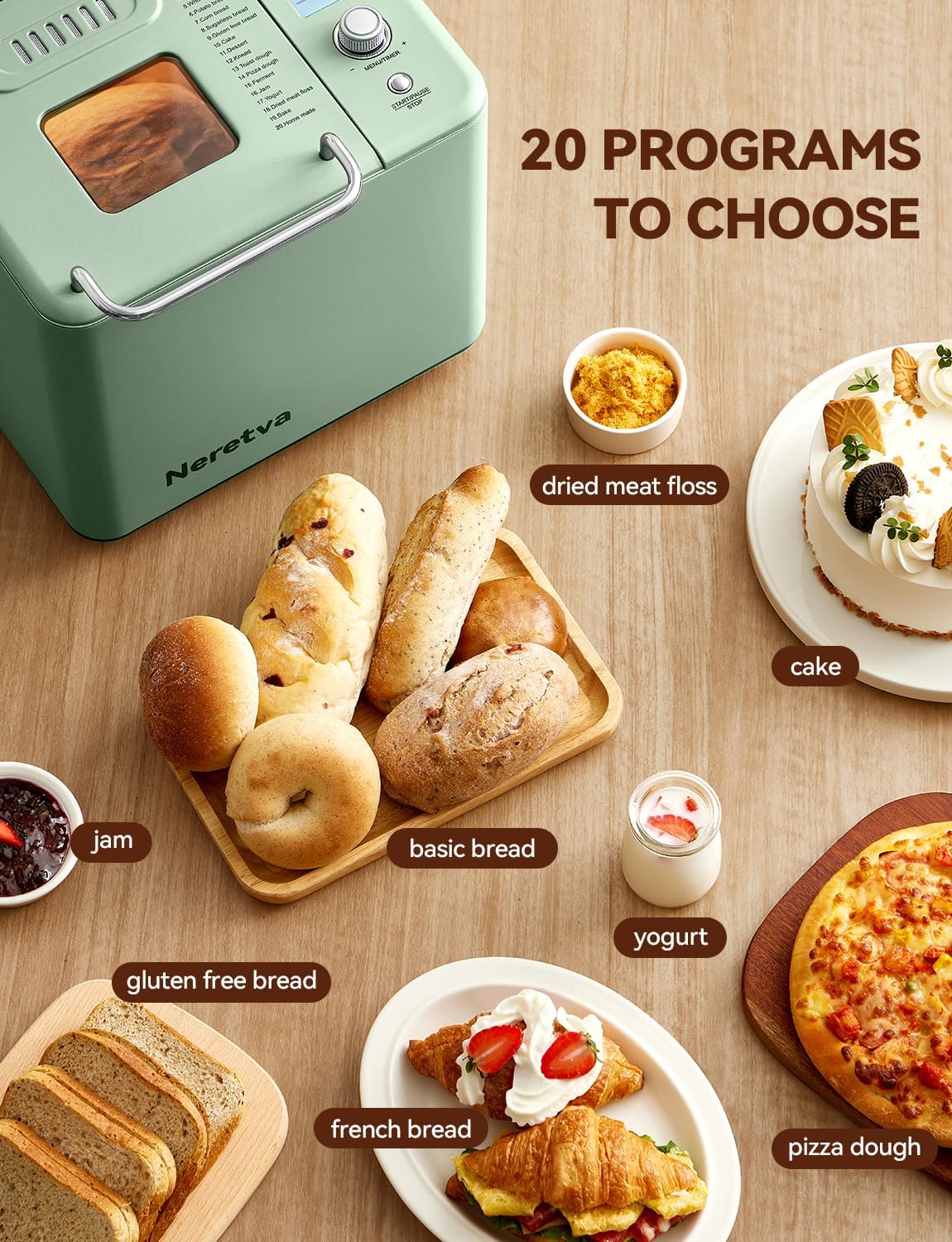 Neretva 20-IN-1 Bread Maker, Dual Heater 2LB Bread Machine Stainless Steel Bread Maker Machine Nonstick Ceramic Pan Compact for Gluten Free/Sourdough/Whole Wheat Bread/Yogurt, Breadmaker Recipe-Green
