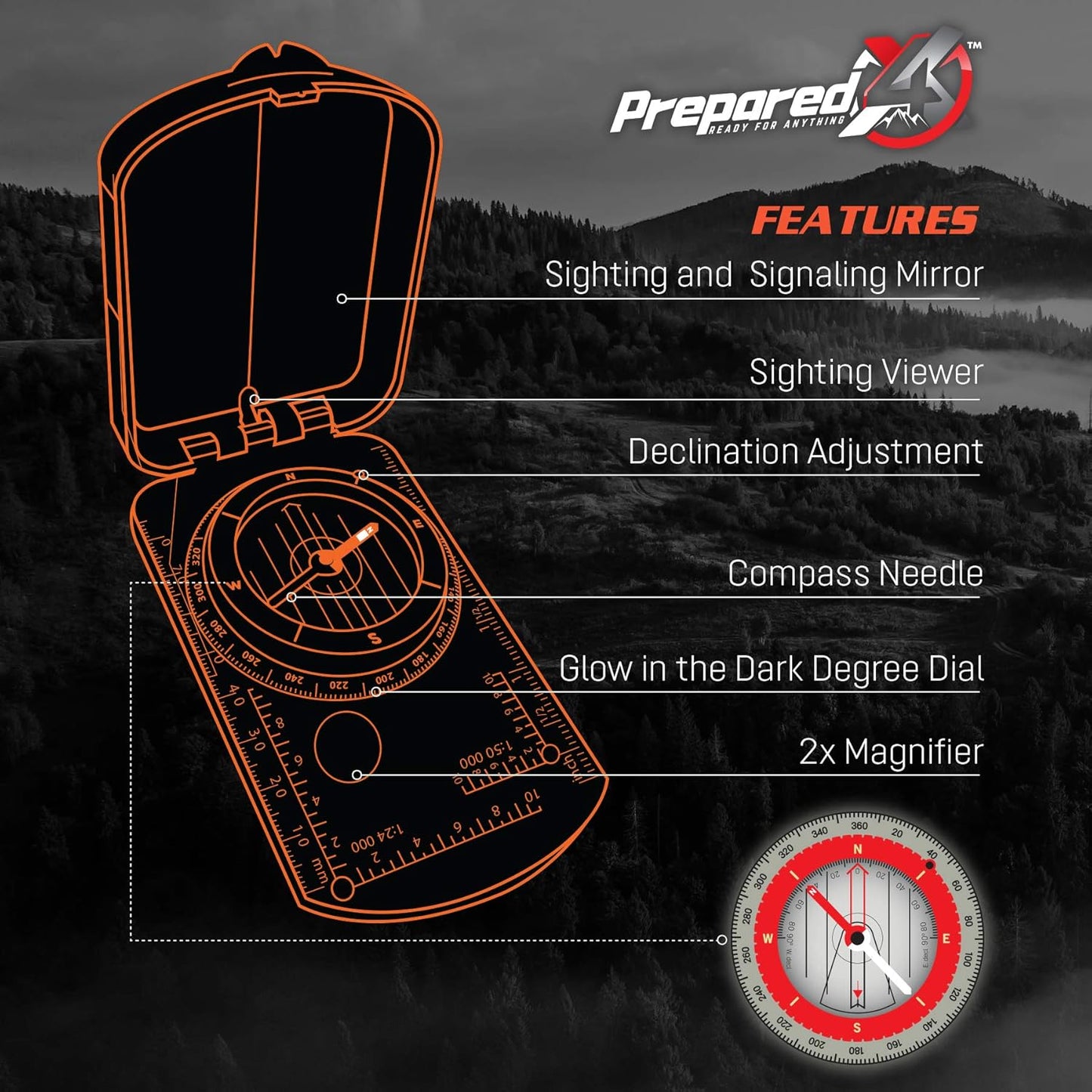 PREPARED4X Hiking Compass Survival – Mirror Sighting Map Orienteering Compass – with 35-Ft 550 Survival Paracord Lanyard, Fire Starter, Whistle, Fishing Line, Tinder Cord