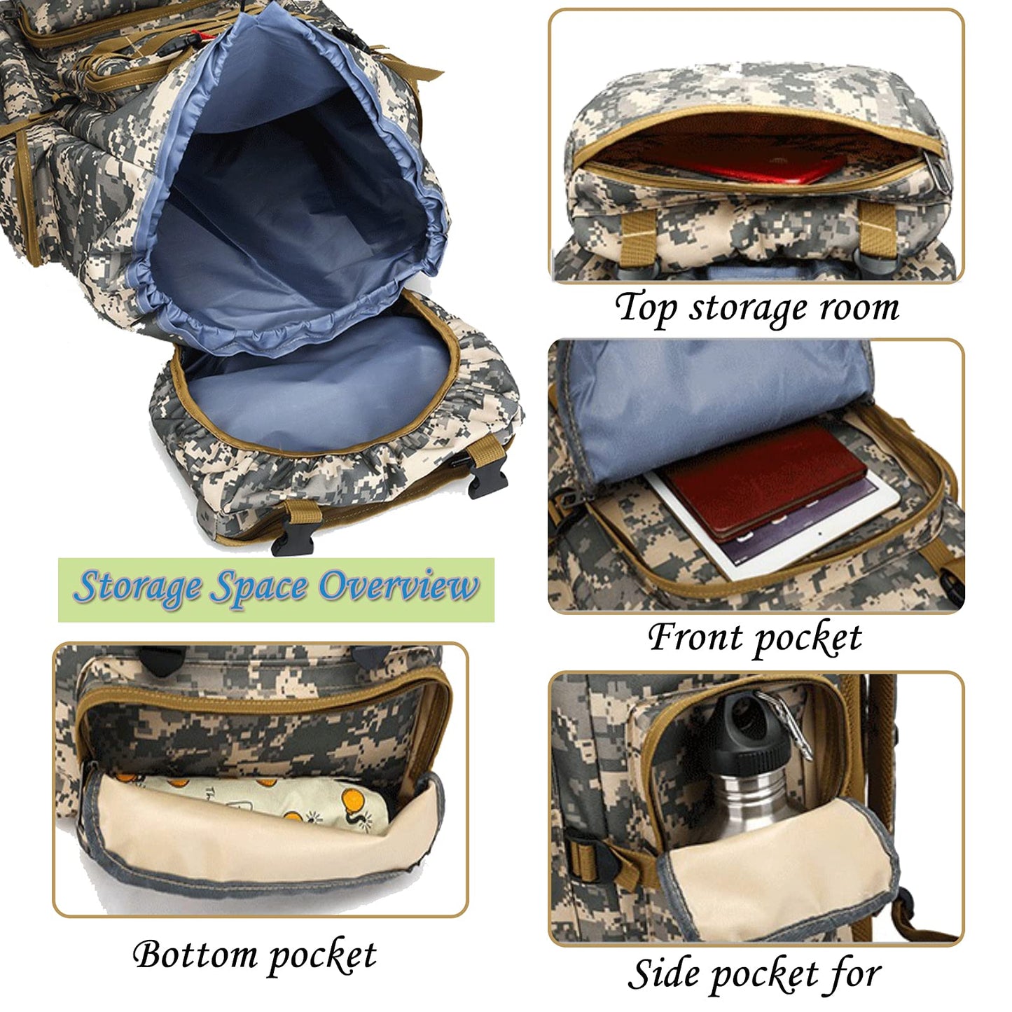 70L Hiking Backpack for Men, Waterproof Lightweight Camping Backpack, Military Rucksack with Molle, 3-Day Assault Pack for Travel, Climbing, Outdoor Sports (Green Camouflage)