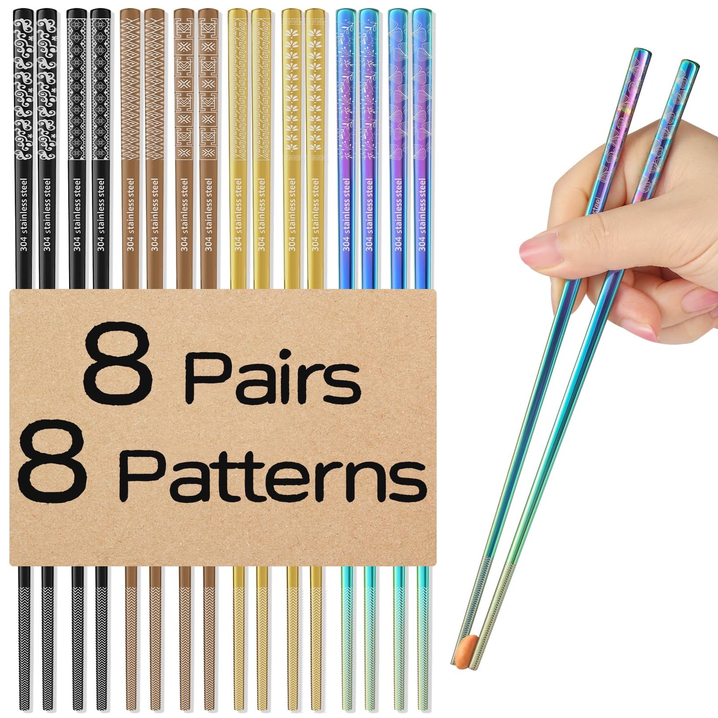 8 Pairs Metal Chopsticks Reusable Black Stainless Steel Chopsticks Set Laser Engraved Non-slip Japanese Korean Chinese Chopstick for Cooking Eating Dishwasher Safe 9.25" Chop Sticks Gift Set