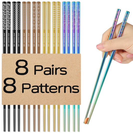 8 Pairs Metal Chopsticks Reusable Black Stainless Steel Chopsticks Set Laser Engraved Non-slip Japanese Korean Chinese Chopstick for Cooking Eating Dishwasher Safe 9.25" Chop Sticks Gift Set