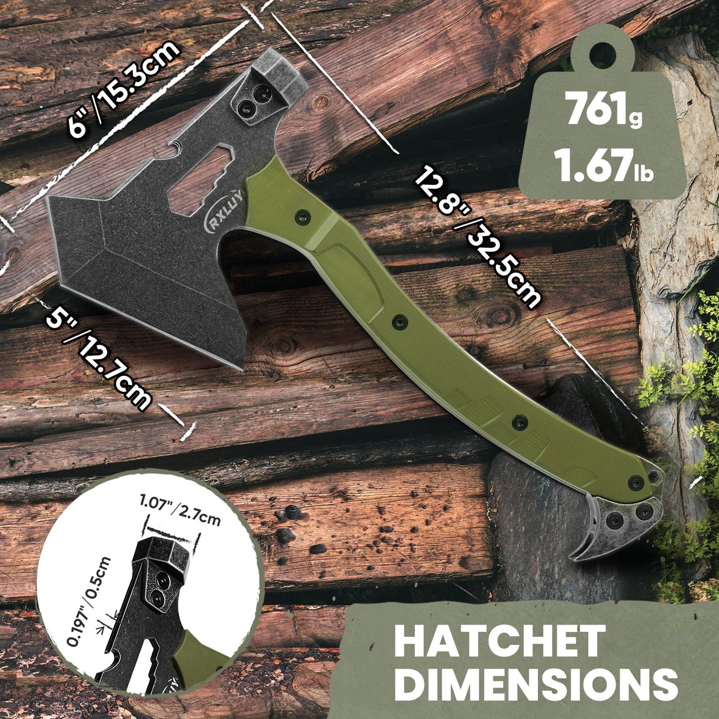 Tactical Axe with G10 Handle Camping Survival Hatchet, Multifunctional Hiking Outdoor Heavy Duty Full Tang Tomahawk Tools with Hammer, Unique Design Crowbar, Leather Sheath (Green)