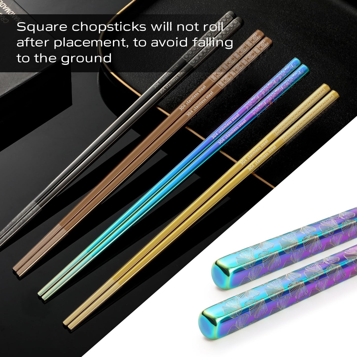 8 Pairs Metal Chopsticks Reusable Black Stainless Steel Chopsticks Set Laser Engraved Non-slip Japanese Korean Chinese Chopstick for Cooking Eating Dishwasher Safe 9.25" Chop Sticks Gift Set