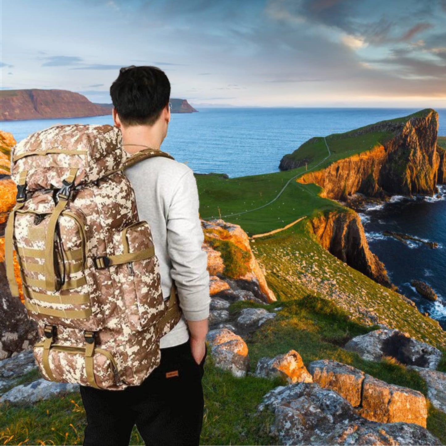 70L Hiking Backpack for Men, Waterproof Lightweight Camping Backpack, Military Rucksack with Molle, 3-Day Assault Pack for Travel, Climbing, Outdoor Sports (Green Camouflage)