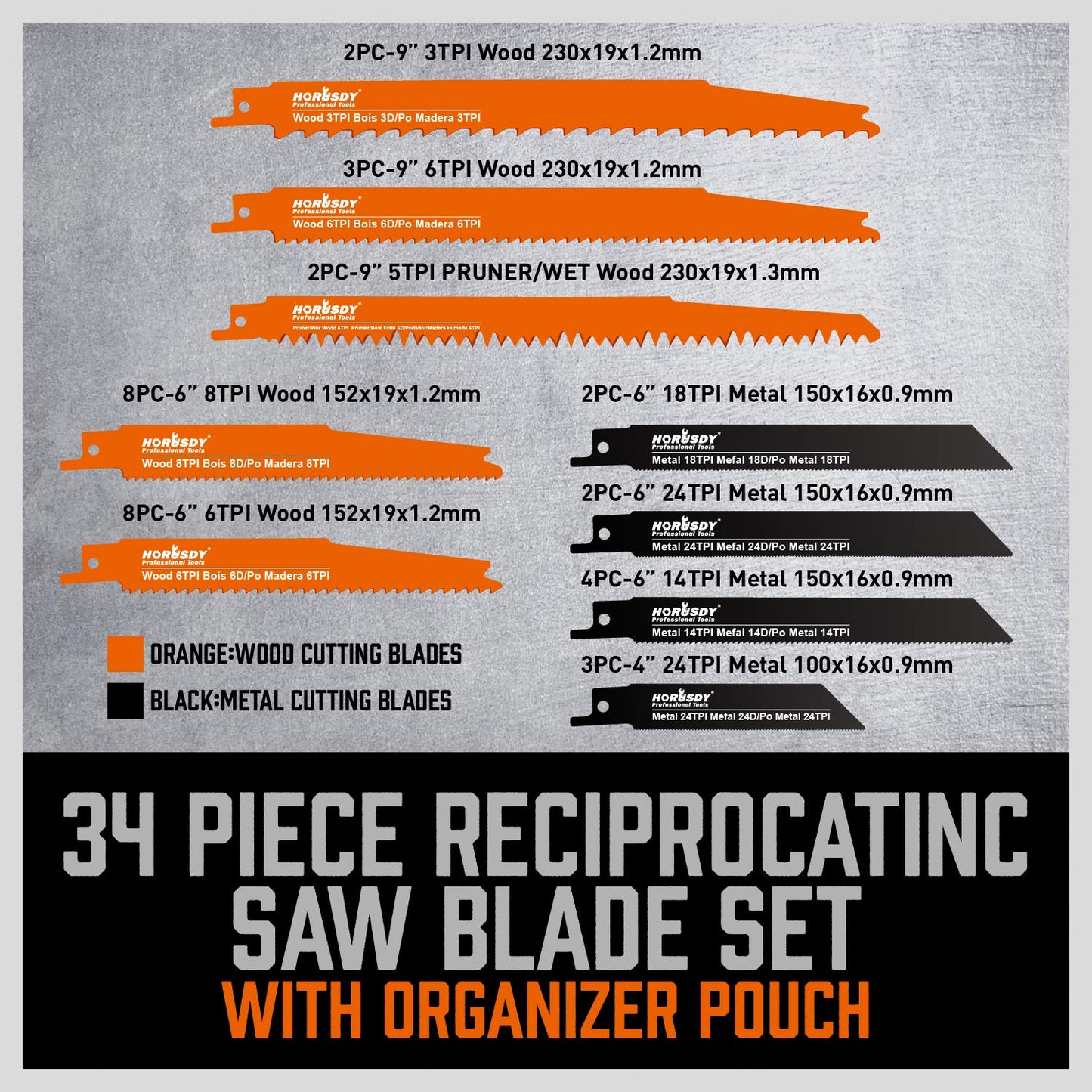 HORUSDY 34-Piece Reciprocating Saw Blades Set, Metal & Woodcutting Saw Blades, Saw Blades with Pouch.