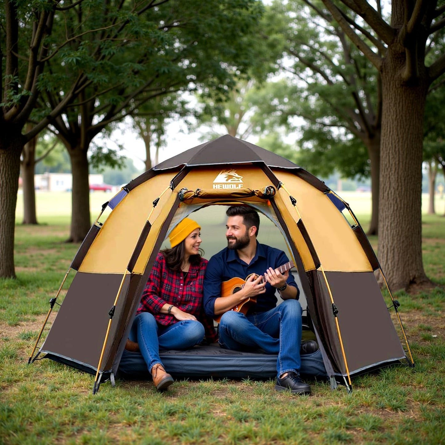 Hewolf 2/3/4 Person Camping Tent - Instant Pop Up Waterproof 2 Doors Tent with Easy Setup | 3-Season Hexagonal Dome Design for Family, Hiking & Traveling