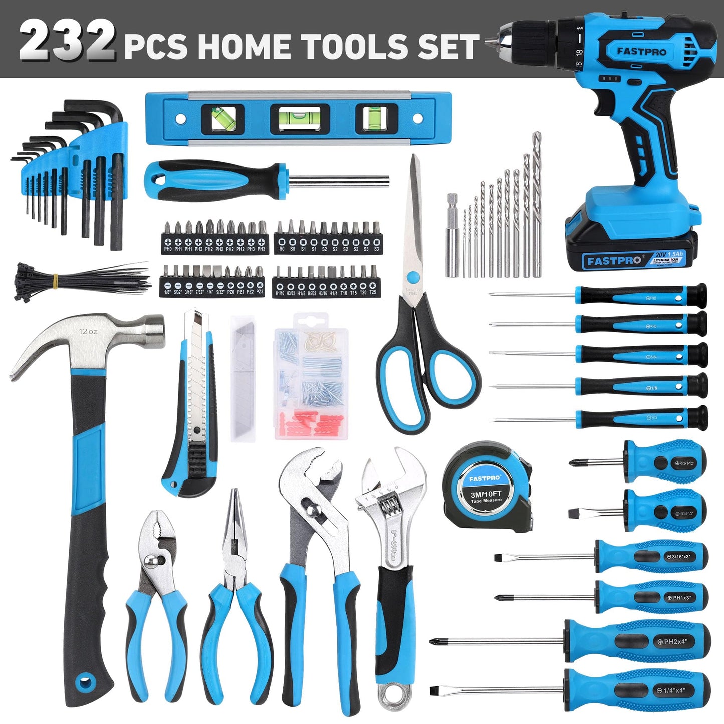 FASTPRO 232-Piece 20V Cordless Lithium-Ion Drill Driver & Home Tool Set, Household Repairing Tool Kit with Drill, 12-Inch Wide Mouth Storage Tool Bag, Green