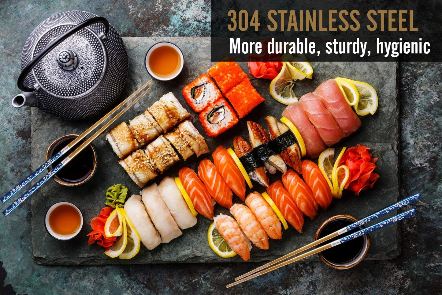 Titanium Plated Chopstick Stainless Steel Chopsticks Metal Chopsticks Reusable Dishwasher safe Premium Laser Engraved Chop Sticks for Eating 2 Pairs Gift Set Blue Silver