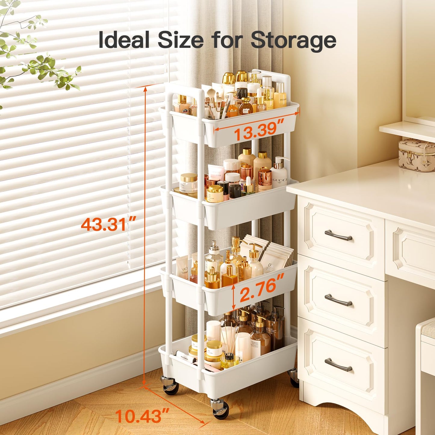 Pipishell 3 Tier Rolling Cart Organizer, Plastic Rolling Cart with Lockable Wheels & Reinforced Handle, Lightweight Utility Cart Storage Cart for Nursery, Kitchen, Bathroom, Craft Room, White, PIUC14W