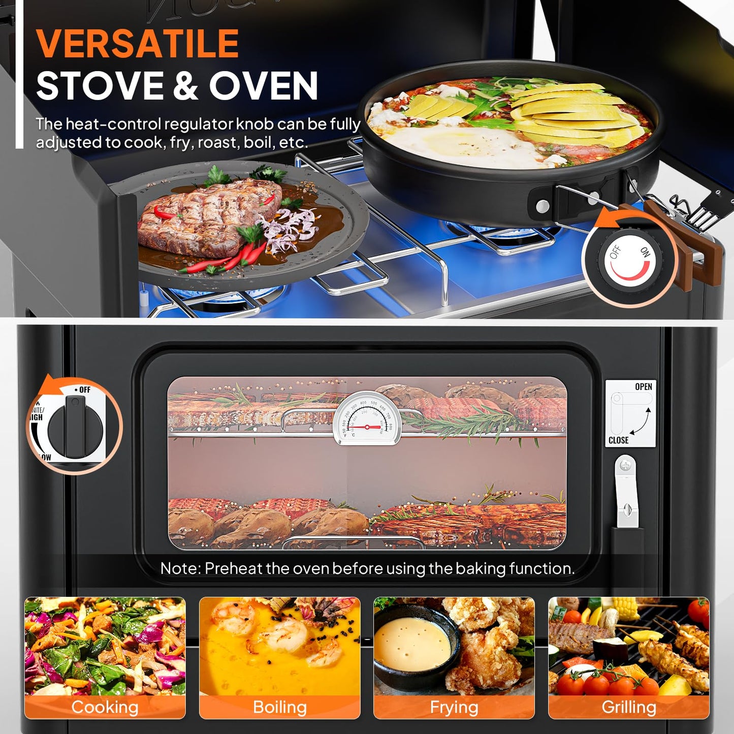 ROVSUN 2-in-1 Portable Camping Stove & Propane Oven with Piezo Igniter, 2 Burner Stove & Outdoor Oven with Adjustable Fire, Thermometer, Wind Panel & Regulator for Traveling, Tailgating (Black)