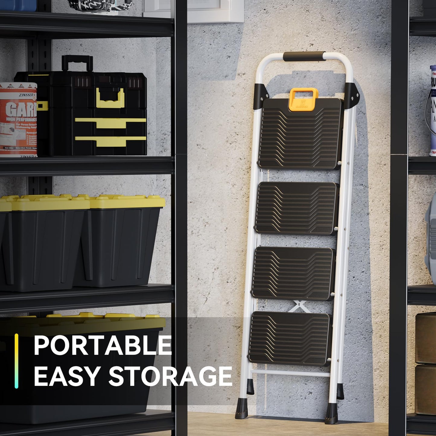 KINGRACK 4 Step Folding Ladder, 800lbs Capacity Step Stool with Safety Lock, Non-Skid Wide Pedals, and Handrail, Lightweight, Household Ladder for Home, Kitchen, Pantry, Closets, and Office Use, White