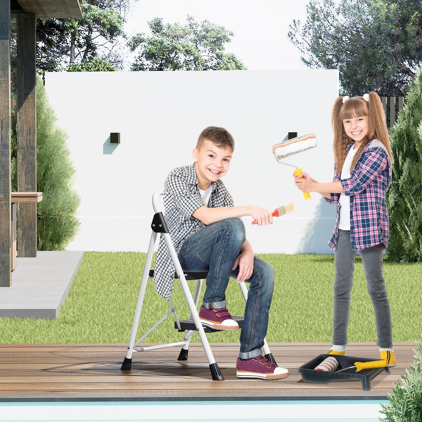 KINGRACK 4 Step Folding Ladder, 800lbs Capacity Step Stool with Safety Lock, Non-Skid Wide Pedals, and Handrail, Lightweight, Household Ladder for Home, Kitchen, Pantry, Closets, and Office Use, White