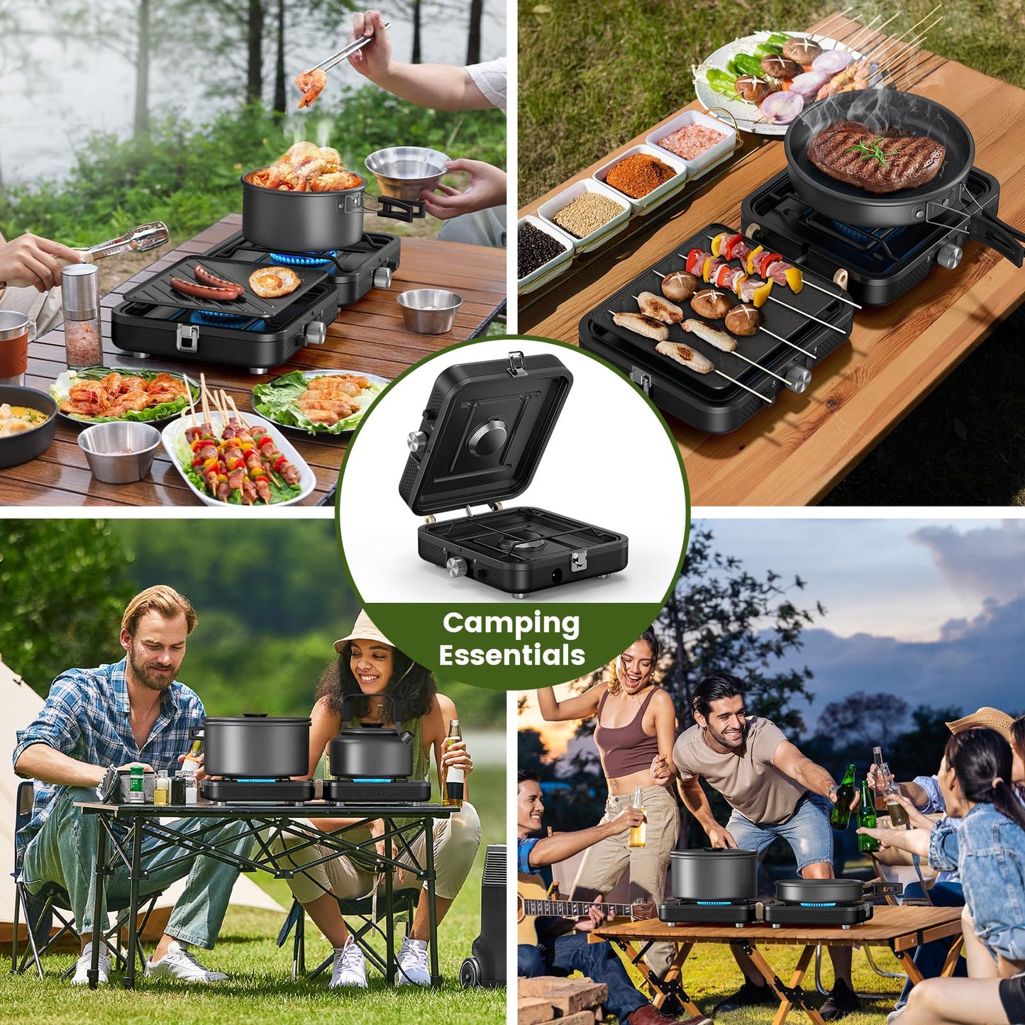 OGERY 2-Burner Foldable Camping Stove with Griddle (Textured & Smooth) and Carrying Bag, Portable Propane Camp Stove with 2 Adjustable Burners & Piezo Ignition, for Camping Tailgating Essentials Gear