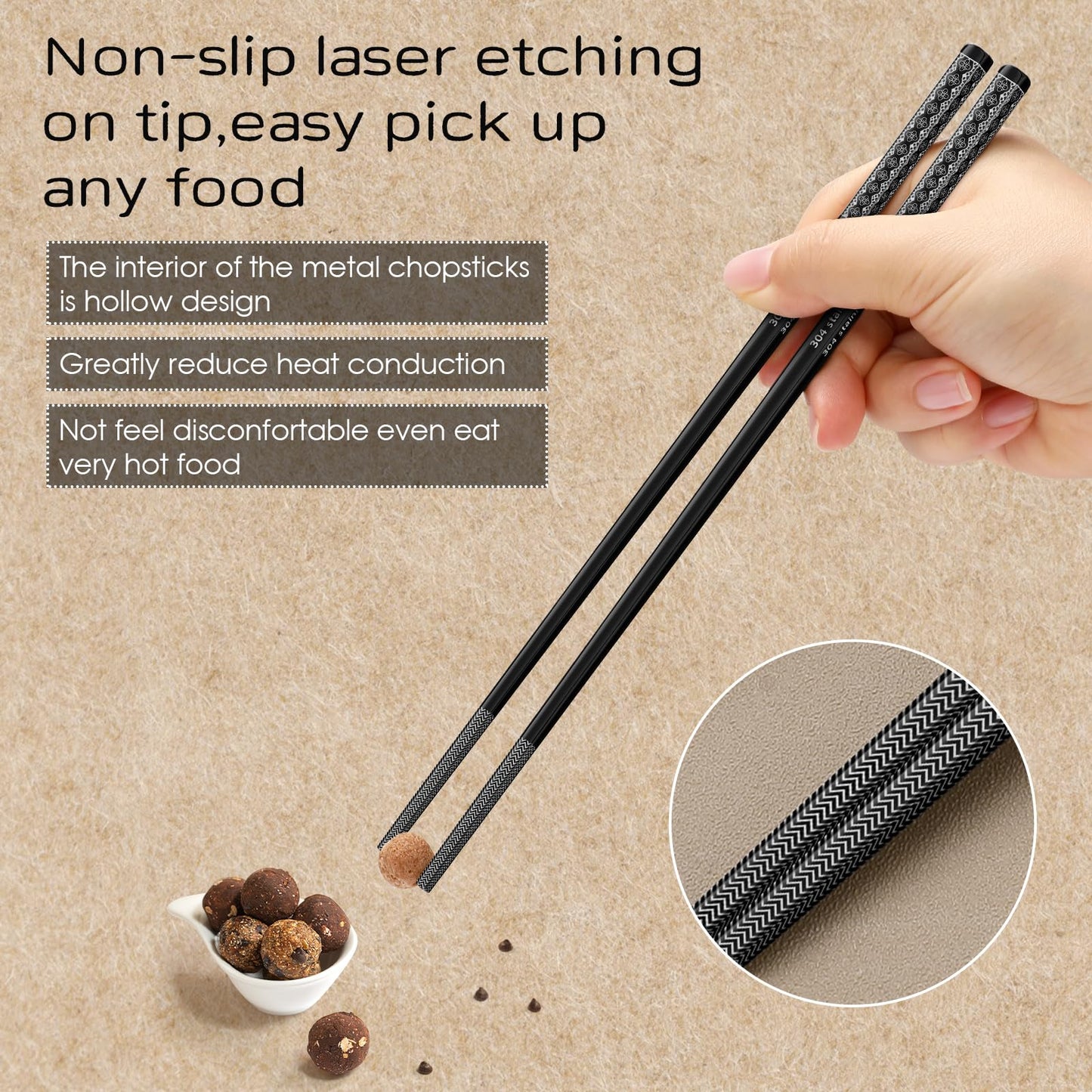 8 Pairs Metal Chopsticks Reusable Black Stainless Steel Chopsticks Set Laser Engraved Non-slip Japanese Korean Chinese Chopstick for Cooking Eating Dishwasher Safe 9.25" Chop Sticks Gift Set