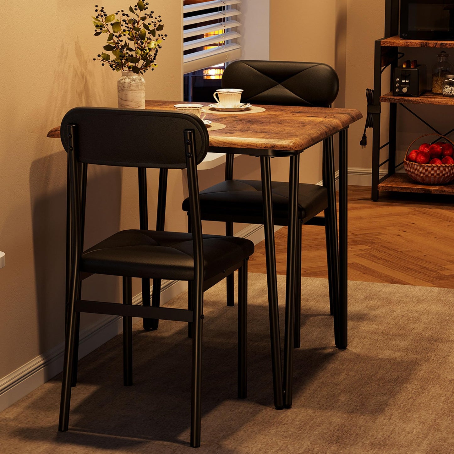 IDEALHOUSE Dining Table for 2-Small Square Kitchen Dining Dinner Room Tables Set,Space Saving Wood Modern Dinette Accent Furniture for Breakfast Nook, (Dark, Table with 2 Upholstered Chairs)