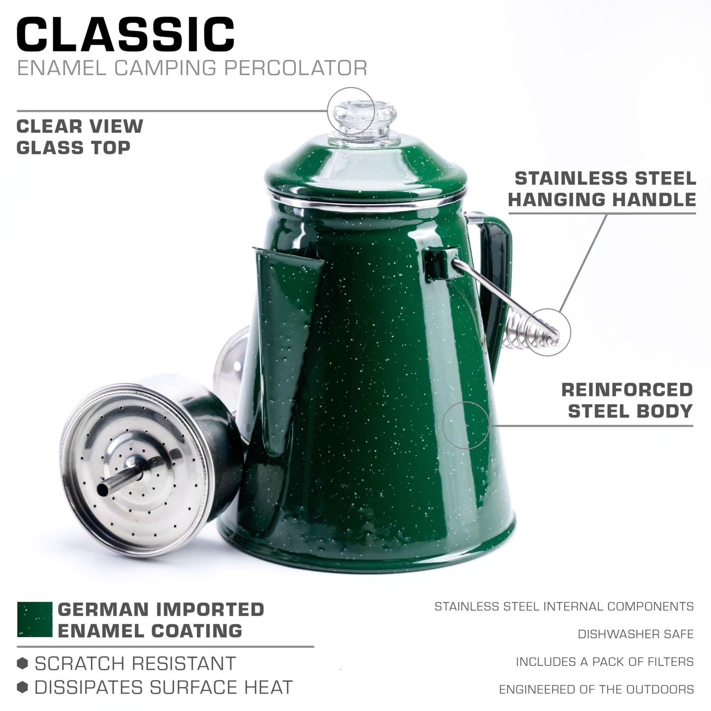 COLETTI Classic Percolator Coffee Pot — Camping Coffee Percolator, Campfire Coffee Pot – Camping Percolator for Groups — Brew for the Whole Campsite (Green, 12 Cup)
