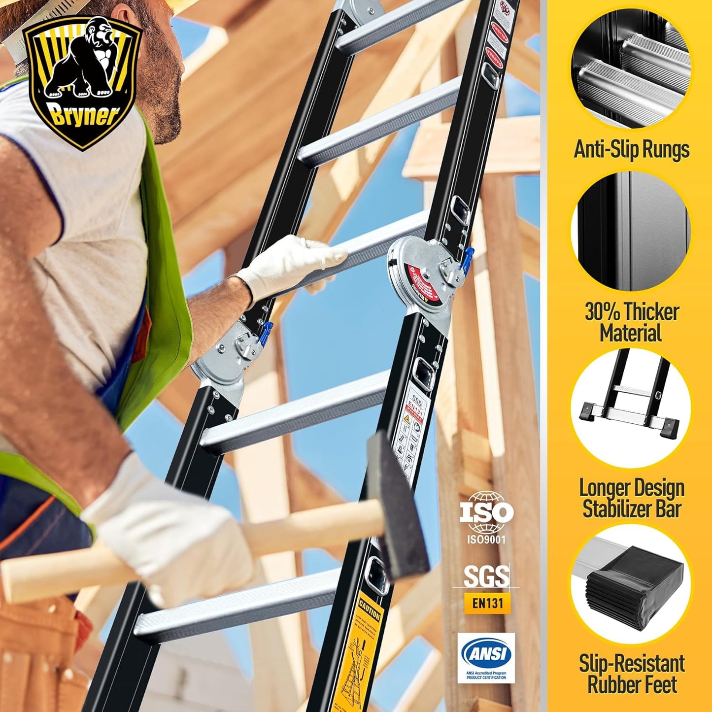 Bryner 7-in-1 Multi-Purpose Aluminium Extension Ladder, 12Ft Folding Adjustable Telescoping Step Ladder, Heavy Duty, 330lbs Load Capacity, Black Rubber Feet