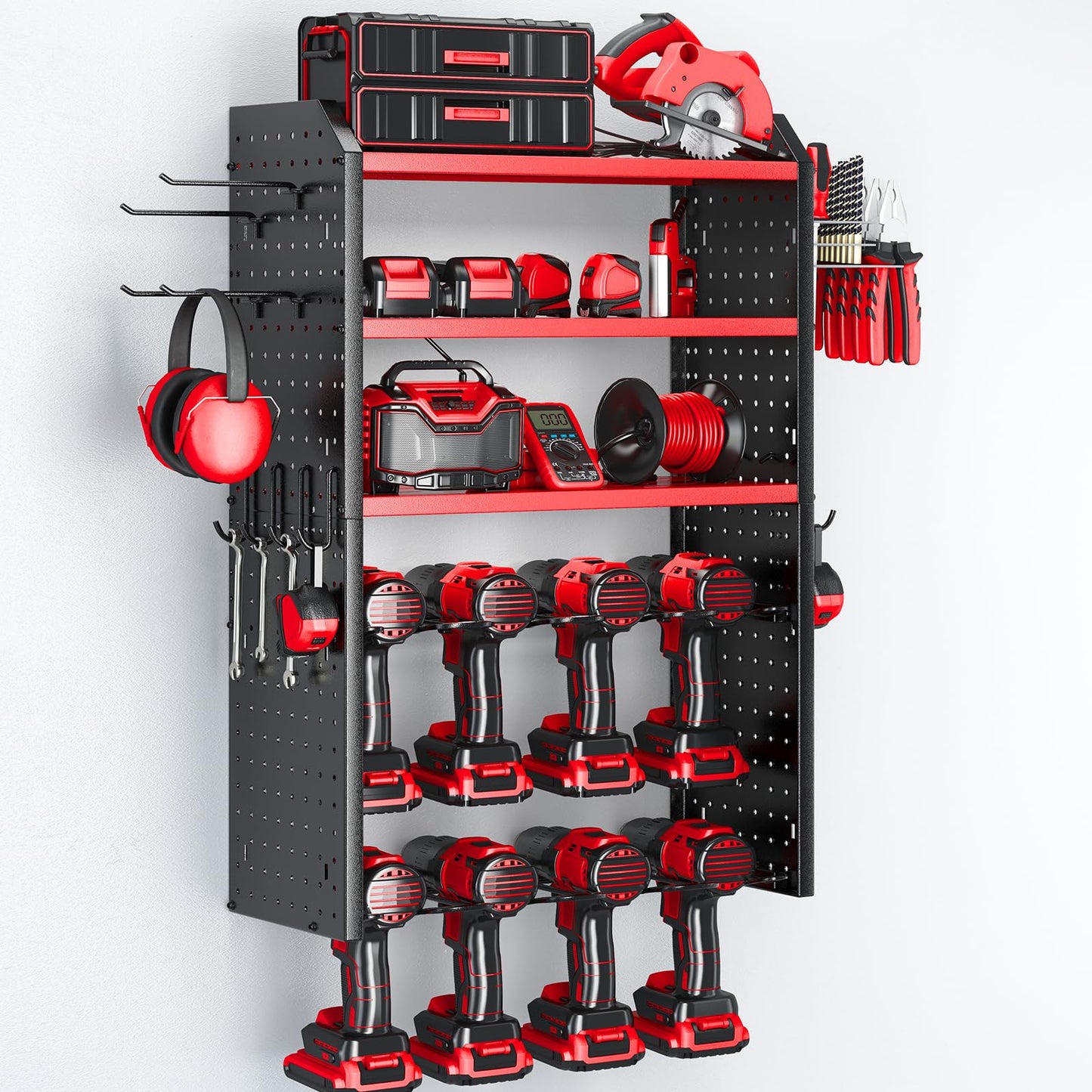 KAFAHOM Power Tool Organizer with Charging Station.Garage 8 Drill Holder Built in 8 Outlets Power Strip,Tool Storage Shelf Wall Mount,Tool Battery Organizer with Screwdriver/Hammer/Air Tool Rack