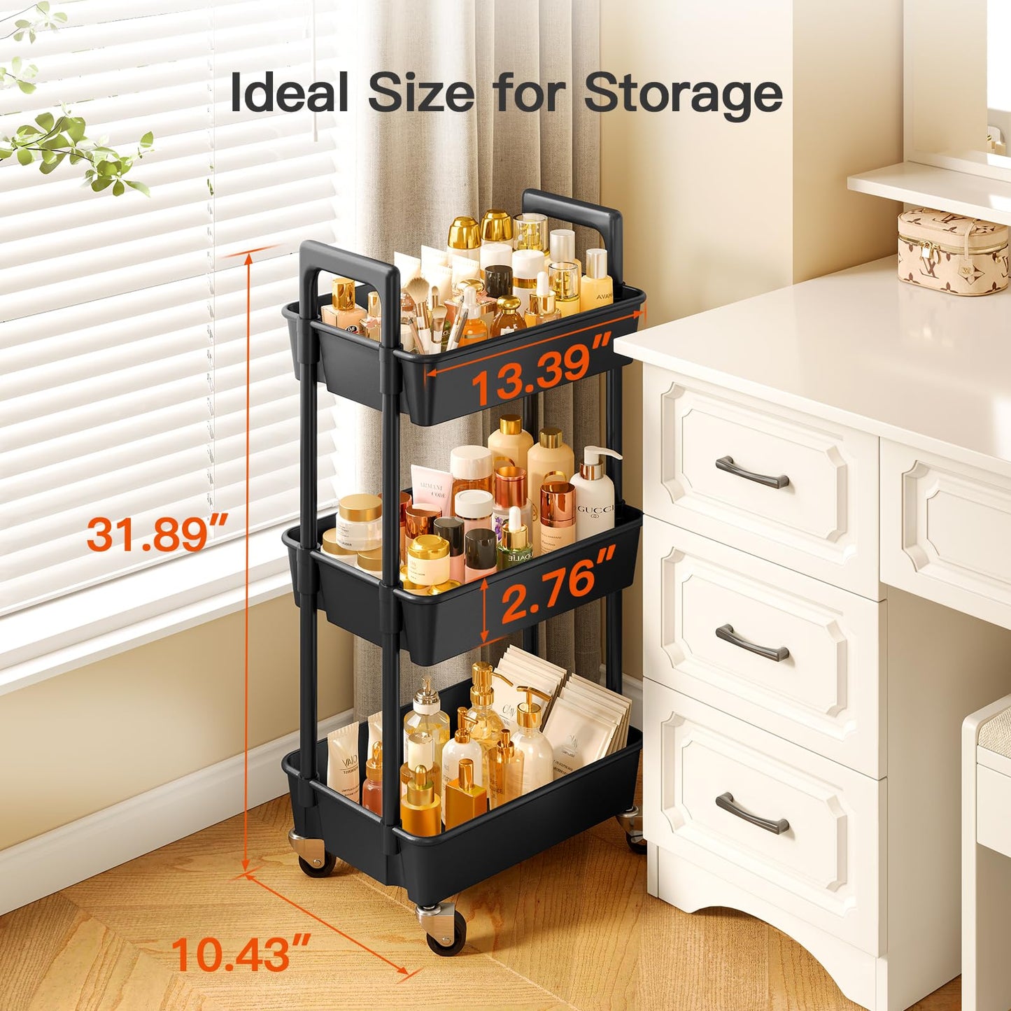 Pipishell 3 Tier Rolling Cart Organizer, Plastic Rolling Cart with Lockable Wheels & Reinforced Handle, Lightweight Utility Cart Storage Cart for Nursery, Kitchen, Bathroom, Craft Room, White, PIUC14W