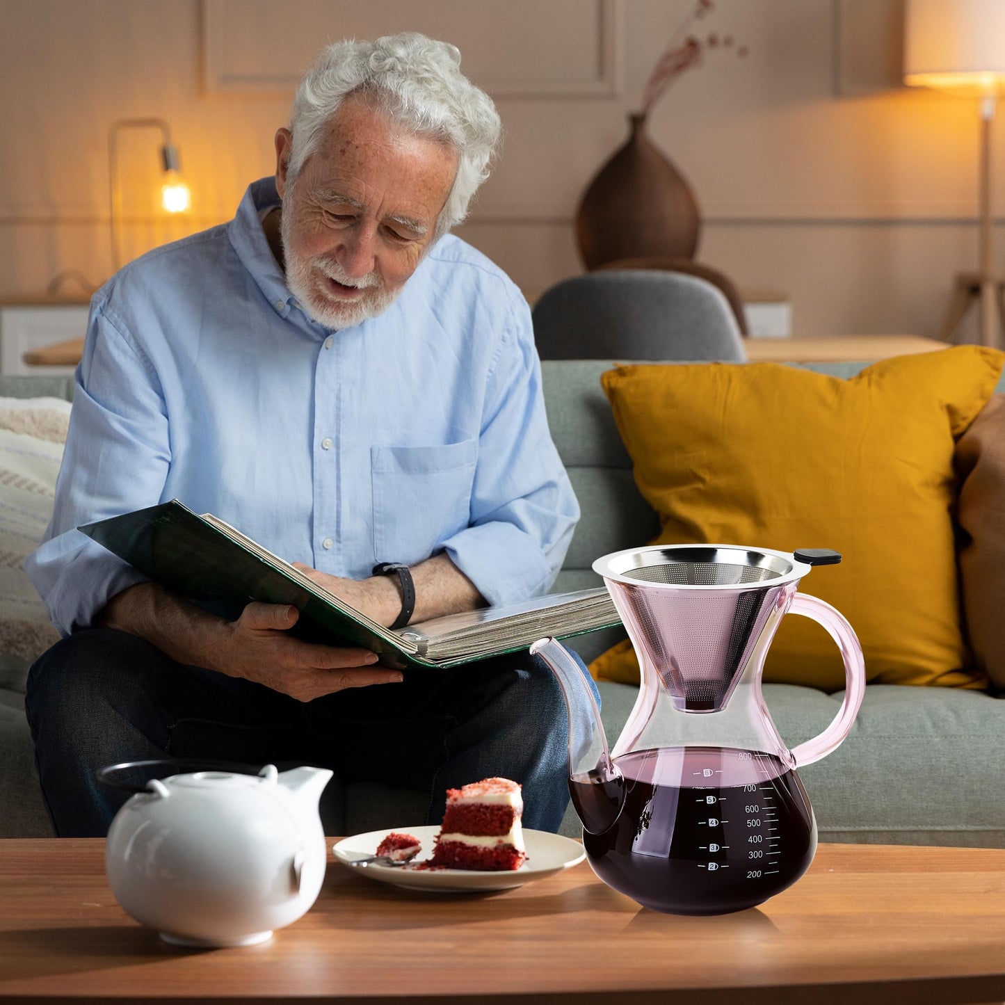 Unbreakable - Pour Over Coffee Maker with Double Stainless Filter 34 fl oz, Thickened Heat-Resistant Borosilicate Glass Pour Over Coffee Dripper, Stovetop Safe