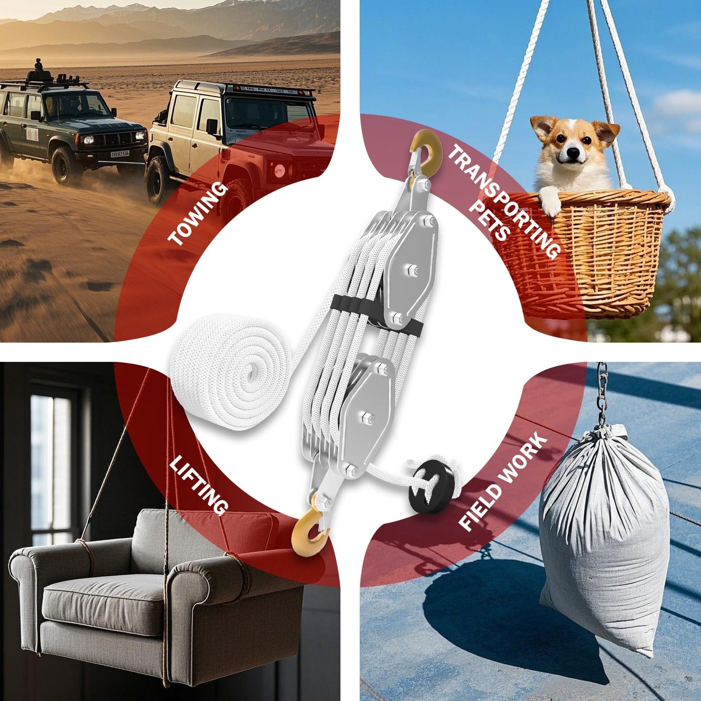 Rope Hoist Pulley System, 4400LB Pulley Block and Tackle, 8:1 Ratio Lifting Power 65ft, Heavy Duty Pulley Block for Lifting Pulling (with 2PCs Straps)