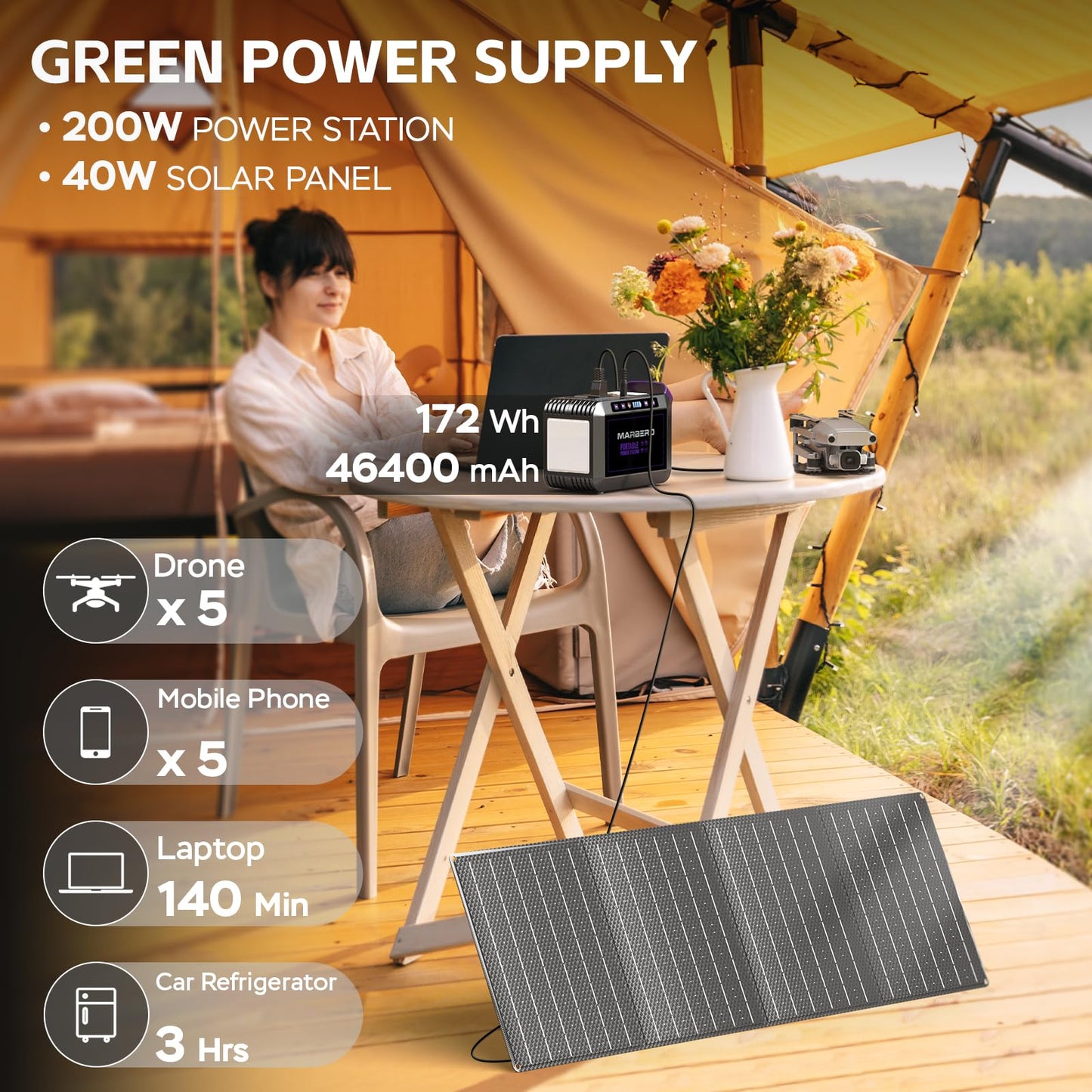 Portable Power Station 300W MARBERO 237Wh Camping Solar Generator Backup Lithium Battery with Pure Sine Wave 110V AC Outlet, USB C, USB A, DC for Outdoors Camping CPAP Home Blackout Emergency